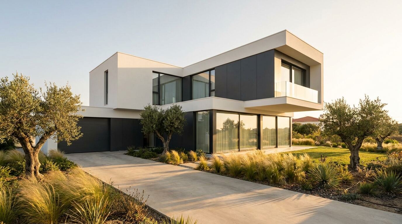 Casa modular LSF branco e antracite ao pôr do sol