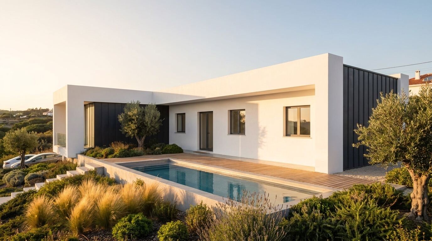 Casa modular LSF branco e antracite com piscina ao pôr do sol