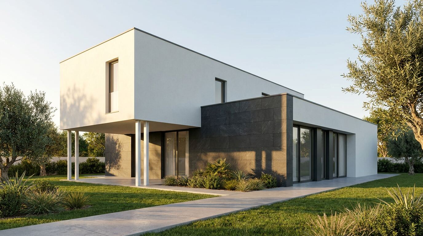 Render arquitetónico do modelo T2B Douro, em LSF, com revestimento claro e painéis em pedra escura.